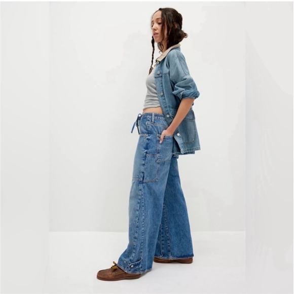Free People Denim - Free People CRVY Outlaw Wide Leg Jeans Mid Rise Denim Cargo Style Blue Sz Large